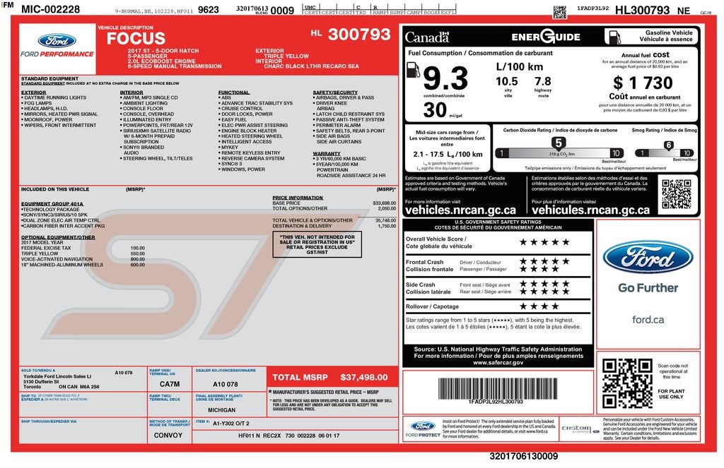 2017 Ford Focus ST Power Moonroof