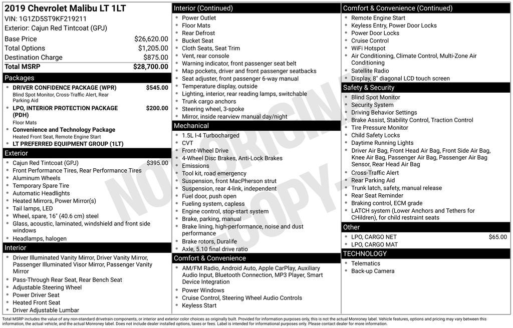 2019 Chevrolet Malibu LT Exterior Parking Camera Rear