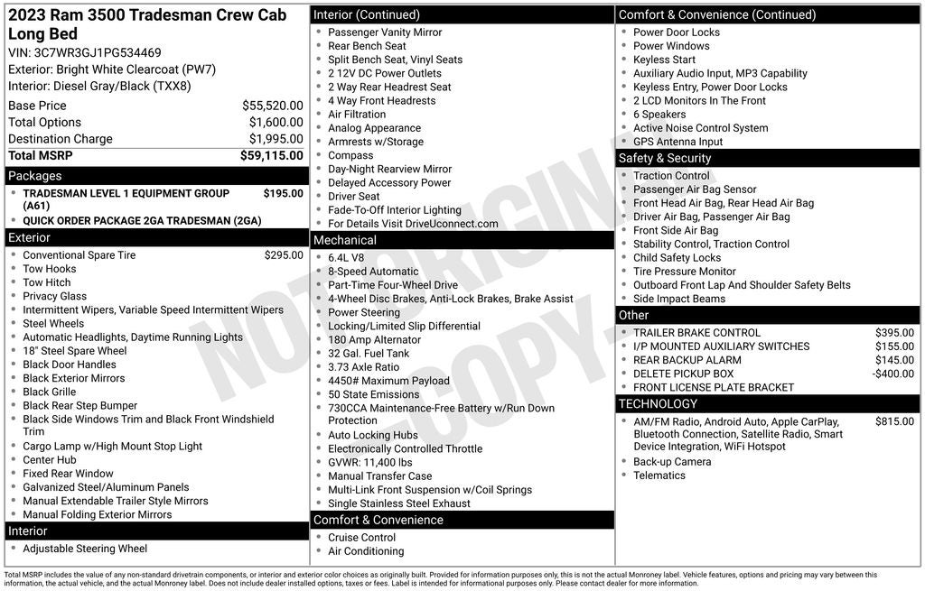 2023 RAM 3500 Tradesman Navigation System & ParkView Rear Back-Up Camera