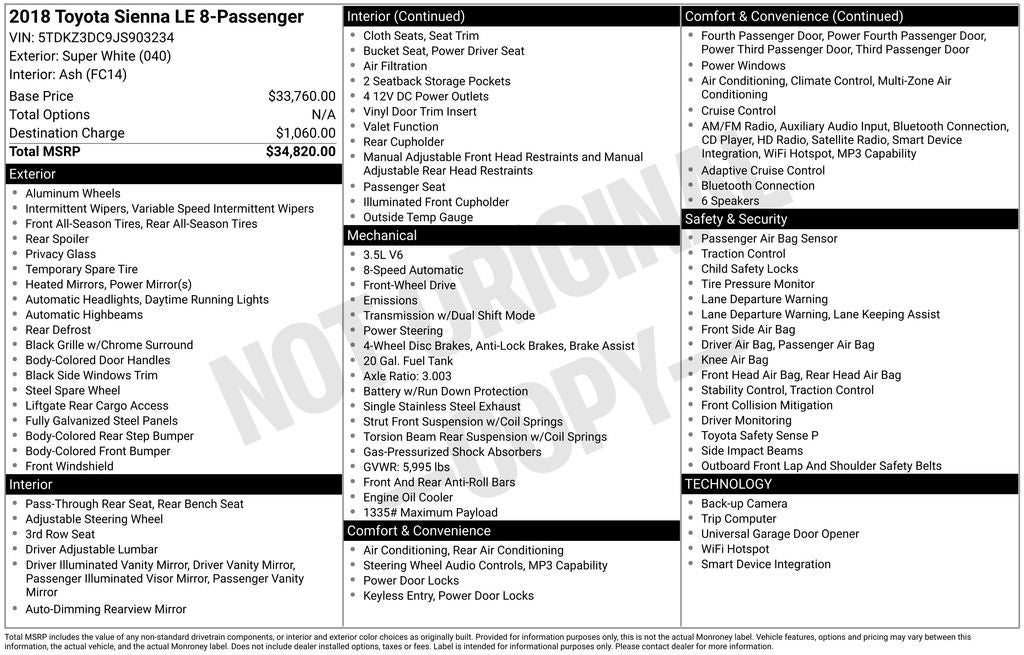 2018 Toyota Sienna LE 8 Passenger