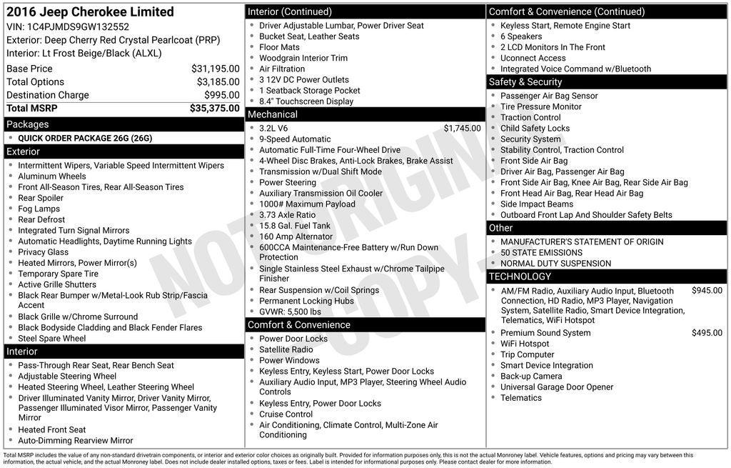 2016 Jeep Cherokee Limited 4x4 Navigation Leather V6