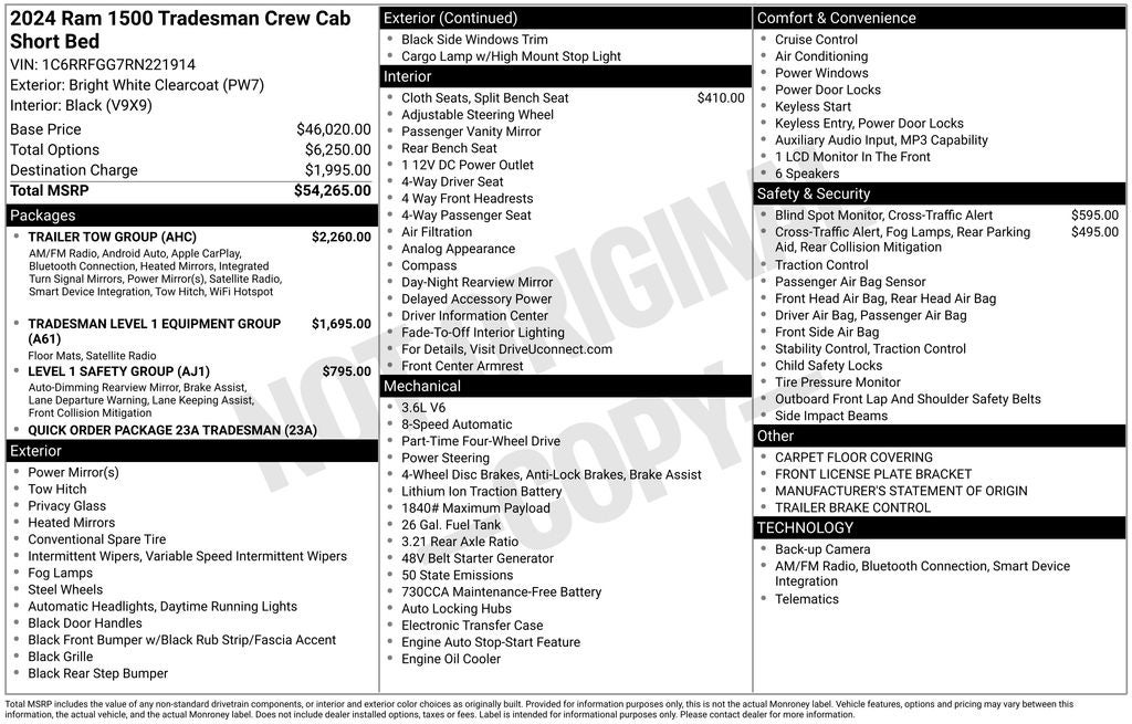 2024 RAM 1500 Tradesman 4x4 CREW CAB V6 3.6L 24 Valve CLASS 4 T TOW GROUP