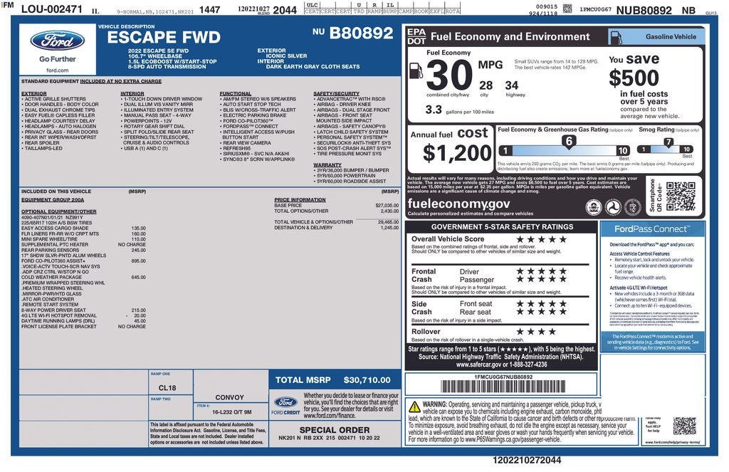 2022 Ford Escape SE NAVIGATION COLD WEATHER PKG CO PILOT 360