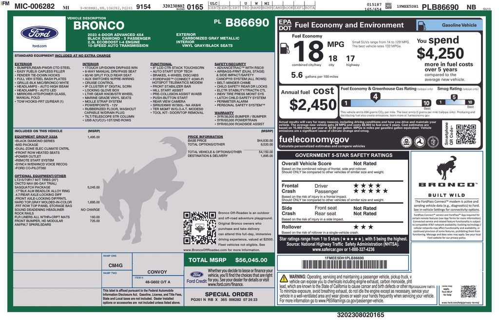 2023 Ford Bronco SASQUATCH HARD TOP MID PKG REMOTE START