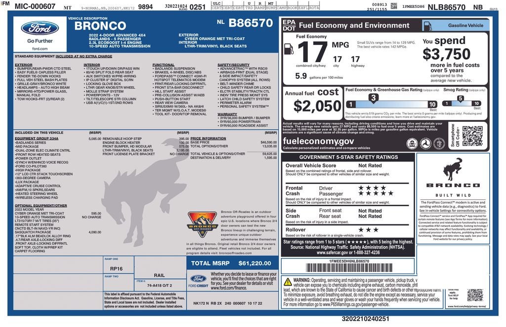 2022 Ford Bronco Badlands ADVANCED SASQUATCH MID HIG & LUX PKG LEATHER NAV