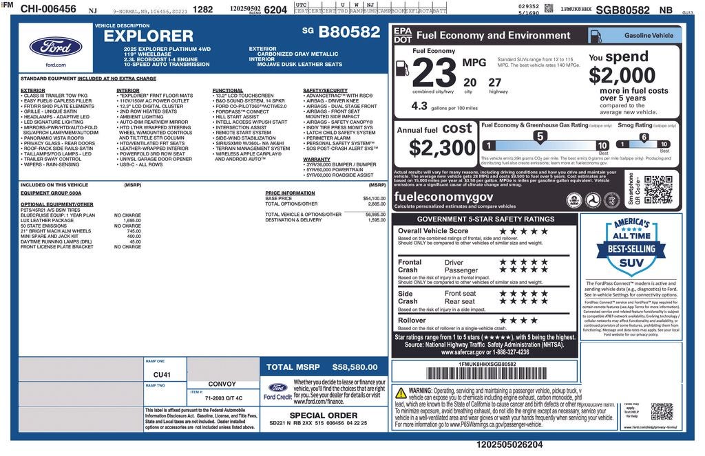 2025 Ford Explorer Platinum Lux Leather Pkg Panoramic Roof Co Pilot 360 21" Wh