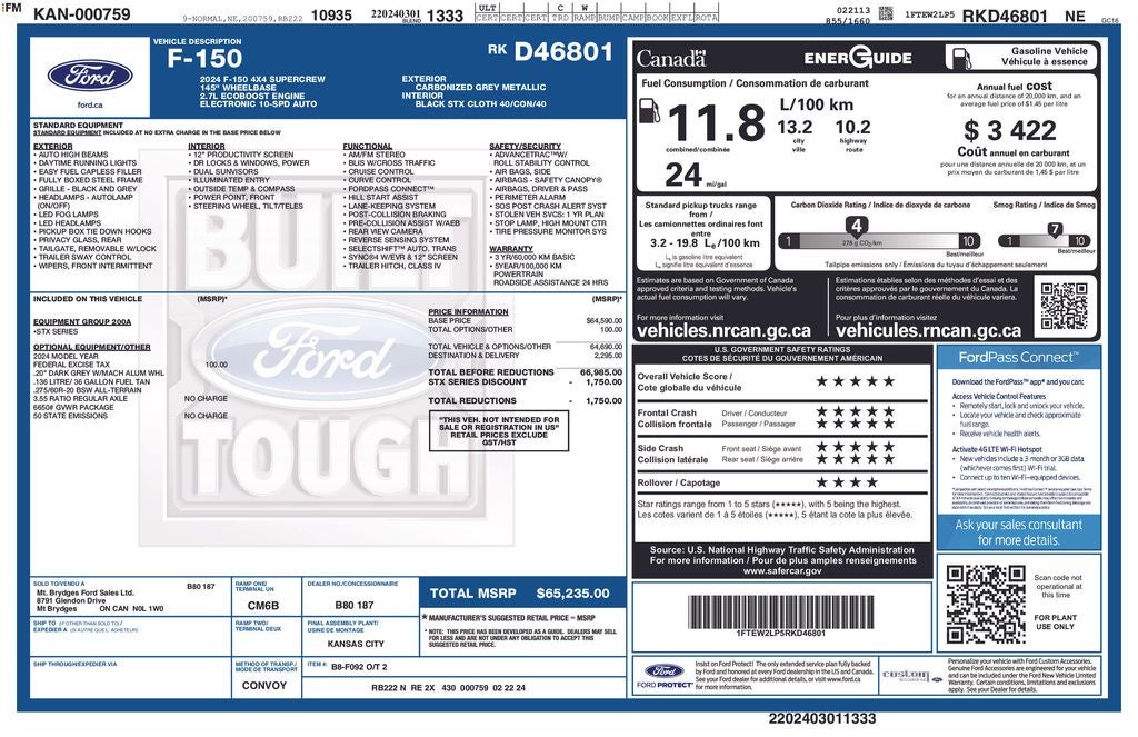 2024 Ford F-150 STX CREW CAB 4X4 NAVIGATION 20" WHEELS LANE DEPART TO