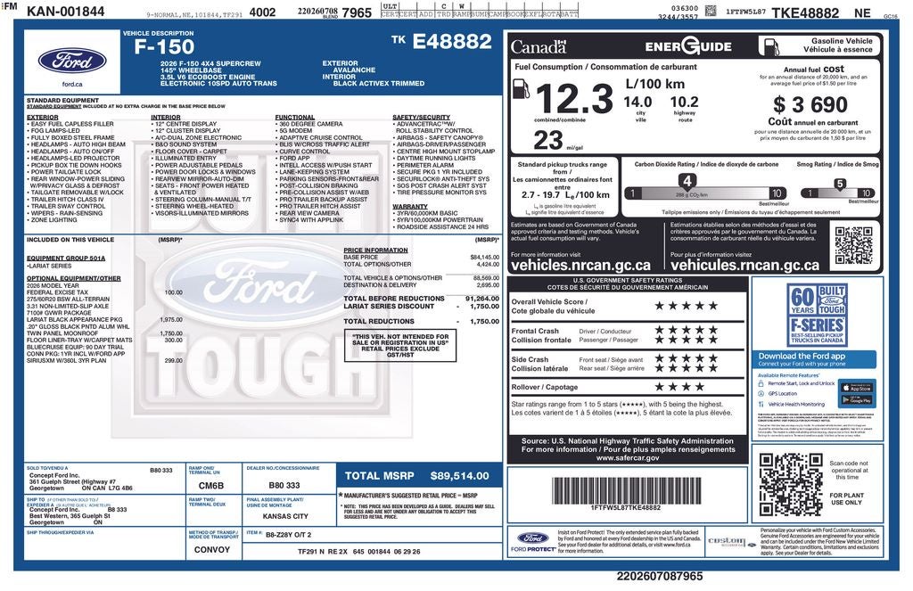 2026 Ford F-150 Lariat BLACK APPEARANCE PKG TWIN PANEL ROOF 20" BLACK WH