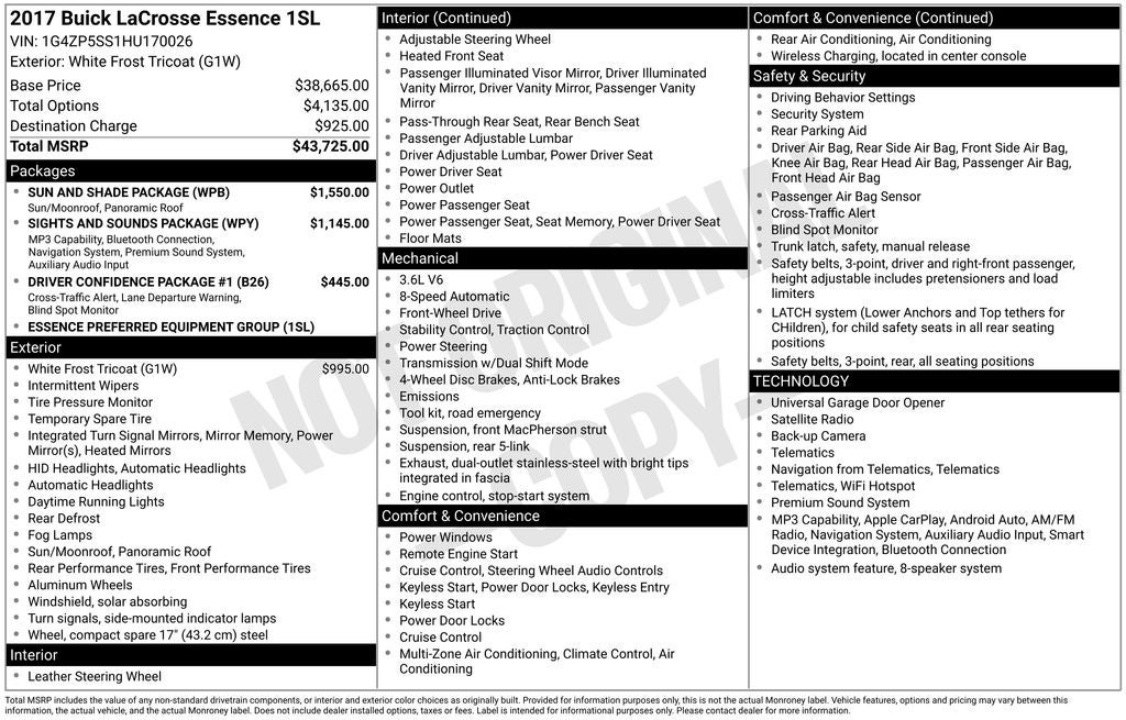 2017 Buick LaCrosse Essence SUN AND SHADE SIGHT & SOUND PKG