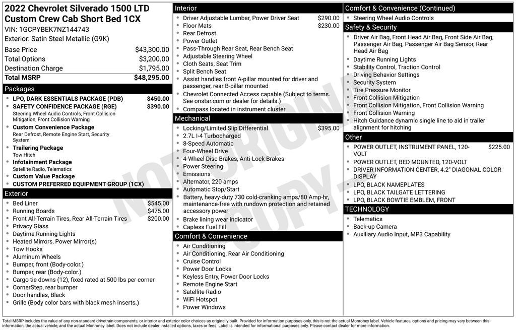 2022 Chevrolet Silverado 1500 LTD Custom CREW CAB 4X4 BLACK APPEARANCE PLG 20' WHEELS