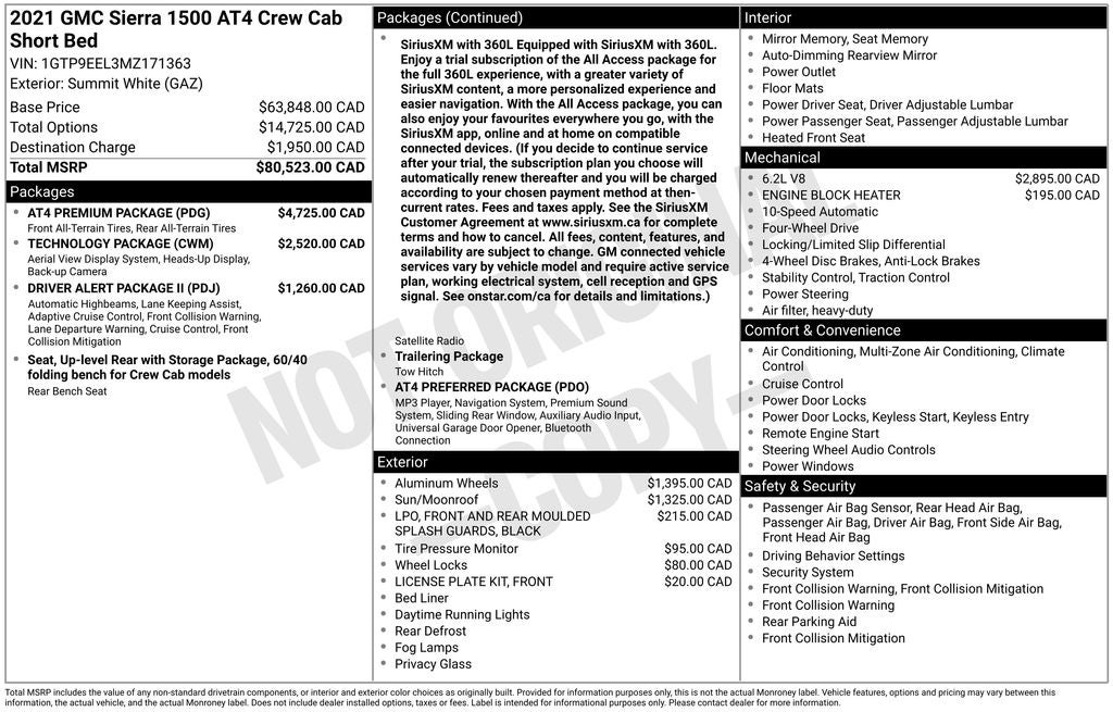 2021 GMC Sierra 1500 AT4 Premium Pkg 4x4 Leather Power Moonroof R Camera