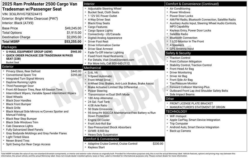 2025 RAM ProMaster 2500 Base CARGO WORK VAN 136" WB LOW ROOF REAR CAMERA