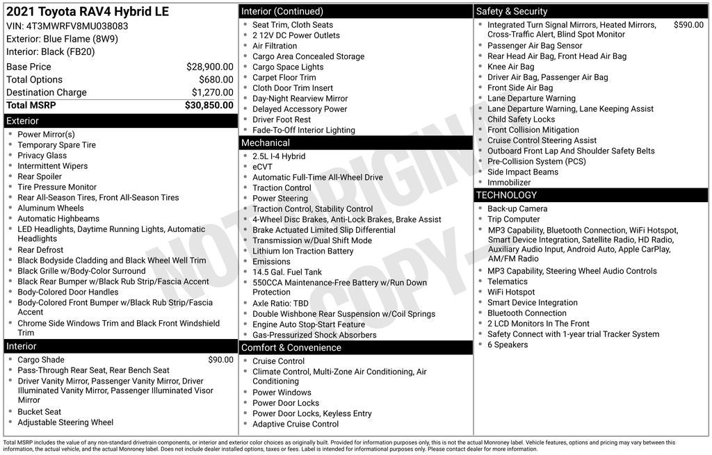 2021 Toyota RAV4 Hybrid LE AWD Rear Camera Lane Departure Black Edition