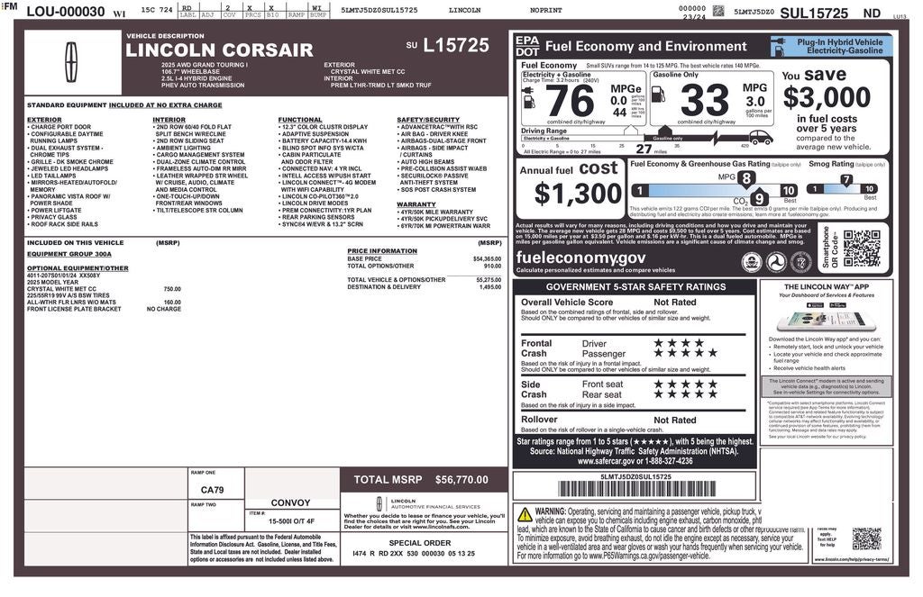 2025 Lincoln Corsair Plug-In Hybrid Grand Touring AWD PANO ROOF NAV LEATHER