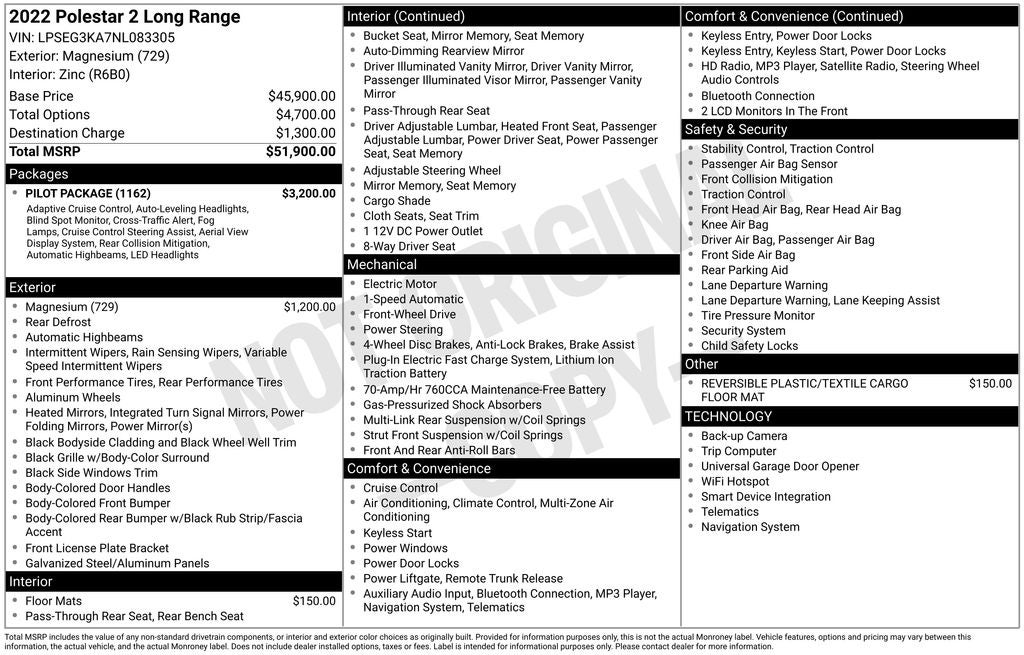 2022 Polestar 2 Long Range Single Motor Pilot Pkg 360 View Camera Long Range
